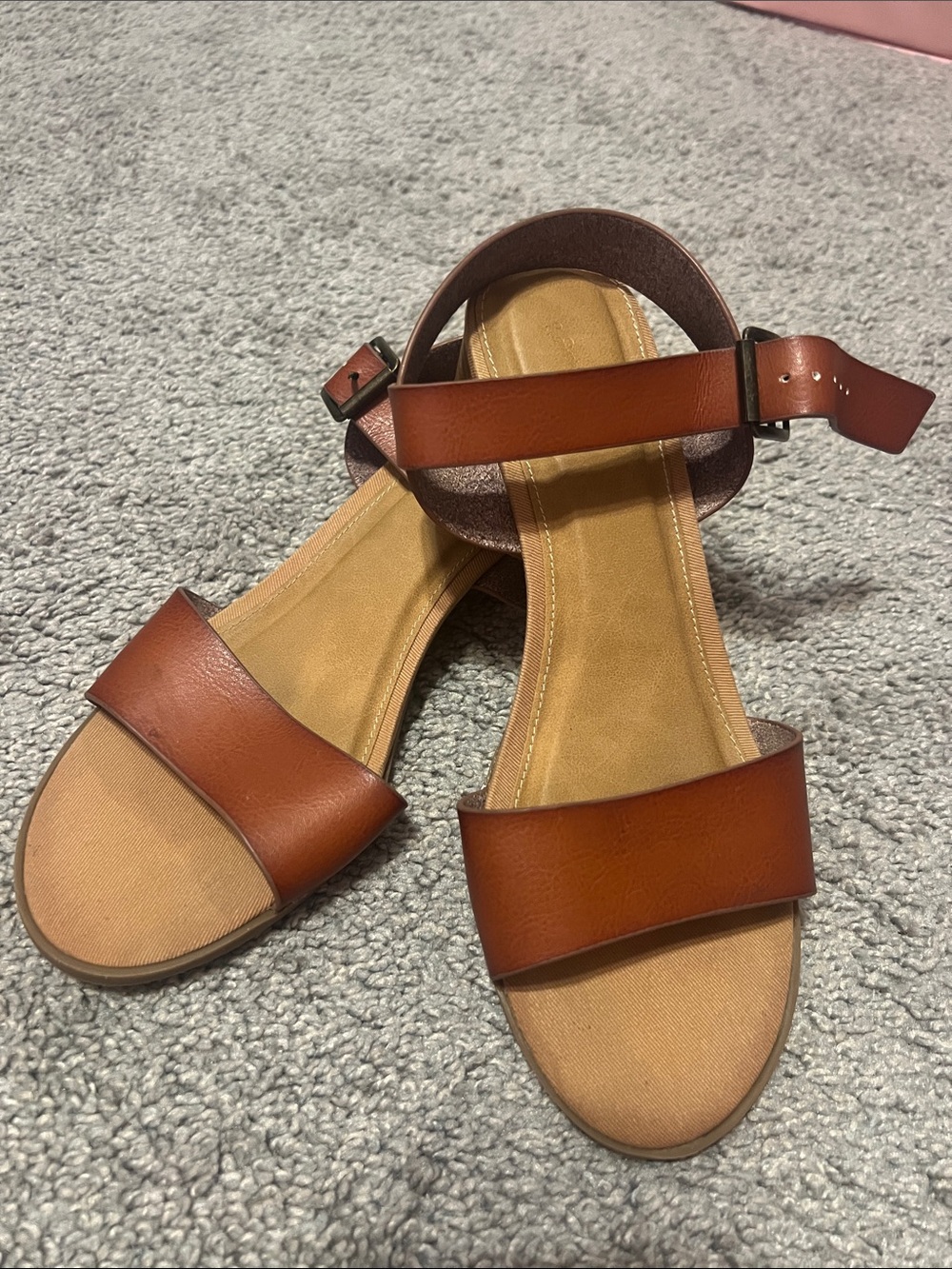 Women's mini block Tan Leather-Look Ankle Strap Sandals